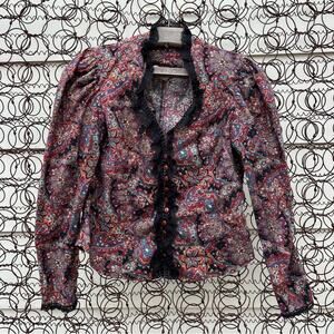 80s Circle T Victorian dark paisley lace trim puff sleeve western blouse shirt